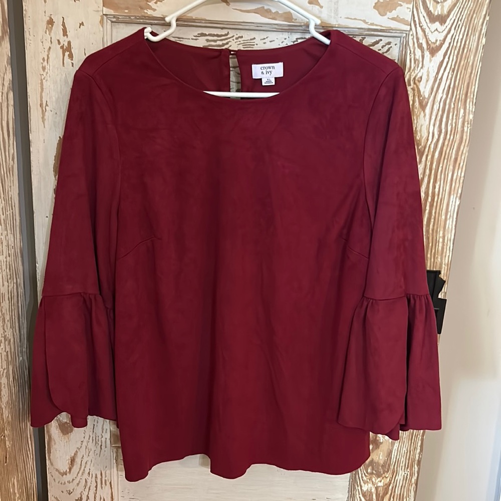 Crown & Ivy Size XL Burghundy Faux Suede with Bell Long Sleeves Blouse